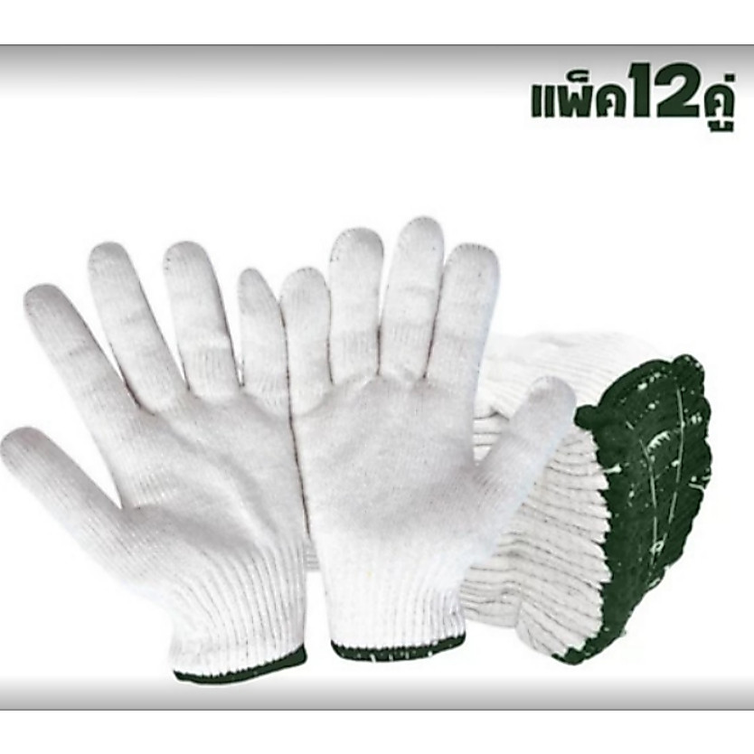 ถุงมือผ้าหนาขอบสีเขียว แพ็ค 12 คู่