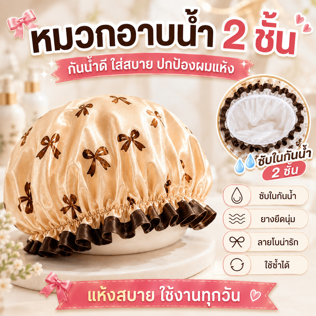หมวกอาบน้ำผู้หญิง กันน้ำ พับได้ พิมพ์ลาย หมวกอาบน้ำ ป้องกันฝุ่นละอองและควันน้ำมันในครัว