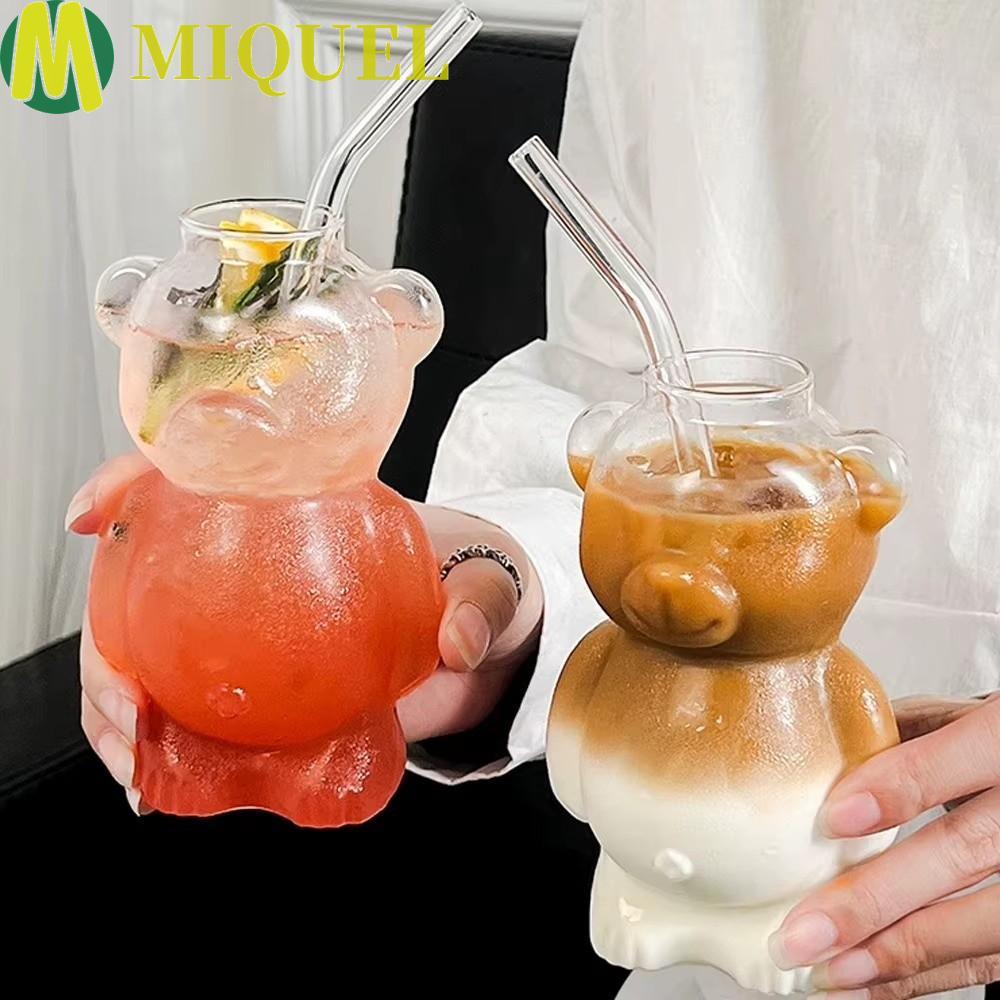 MIQUELZA Bear แก้วกาแฟ, เครื่องแก้วหมีใสใสแบบใช้ซ้ําได้, ถ้วยแก้ว 320ML ความจุขนาดใหญ่อเนกประสงค์พร้อมกาแฟฟาง