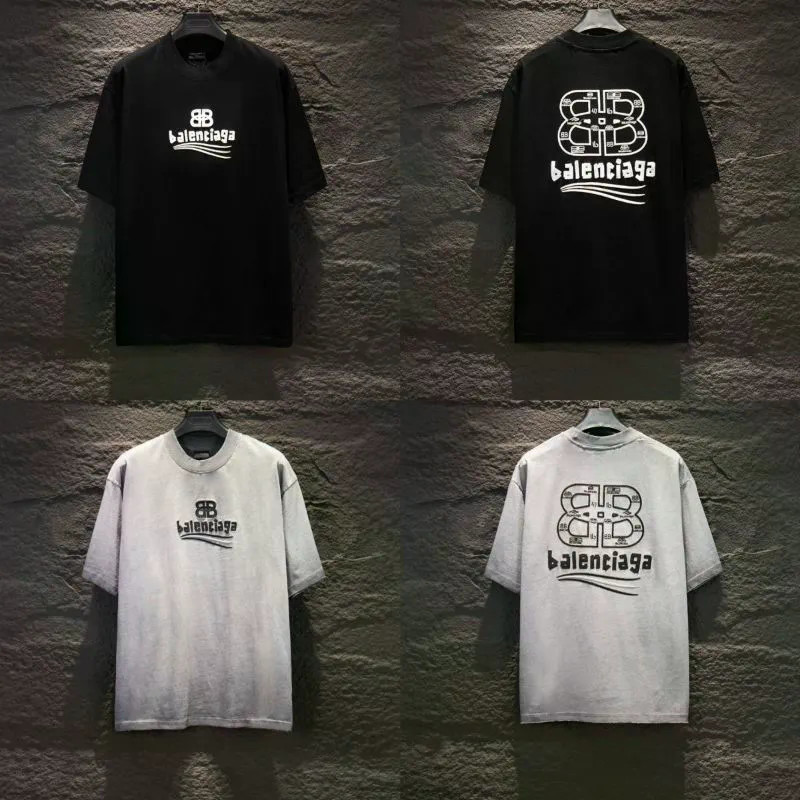 B-LCG สไตล์ใหม่รอบคอแขนสั้นเสื้อยืดปักตัวอักษรล้าง Distressed ผู้ชายผู้หญิง Casual All-Match Tops