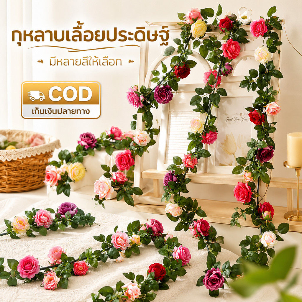 กุหลาบเทียมแบบแขวน ดอกไม้ประดิษฐ์กิ่งห้อย ดอกกุหลาบปลอม ตกแต่งบ้าน งานแต่งงาน ฉากถ่ายรูป ร้านคาเฟ่ พร็อพตกแต่ง