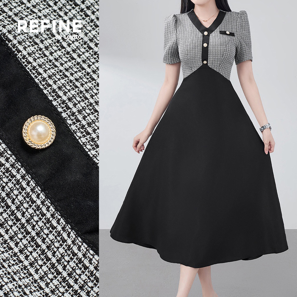 (Refine by Lovito) ชุดเดรสสวยหรูสำหรับใส่ทำงานและพักผ่อน เนื้อผ้าเย็บอย่างประณีต เนื้อผ้าละเอียดอ่อน สำหรับฤดูใบไม้ผลิ/ฤดูร้อน ชุดเดรสสีดำสำหรับผู้หญิง LR29E054