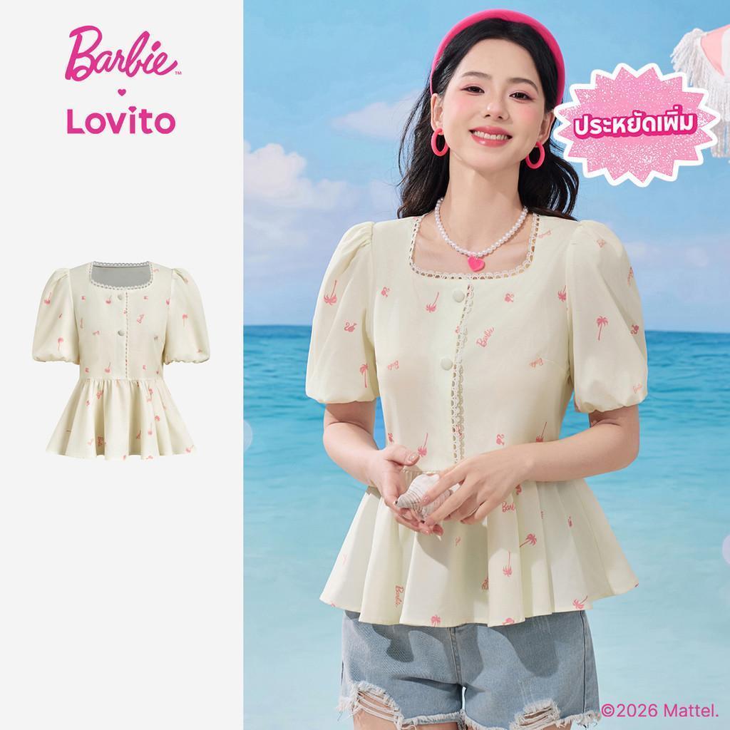 Barbie™ X Lovito เสื้อเชิ้ตเบลาส์ลําลอง ชายระบาย สําหรับฤดูใบไม้ผลิ/ฤดูร้อน สําหรับผู้หญิง LB1AD001