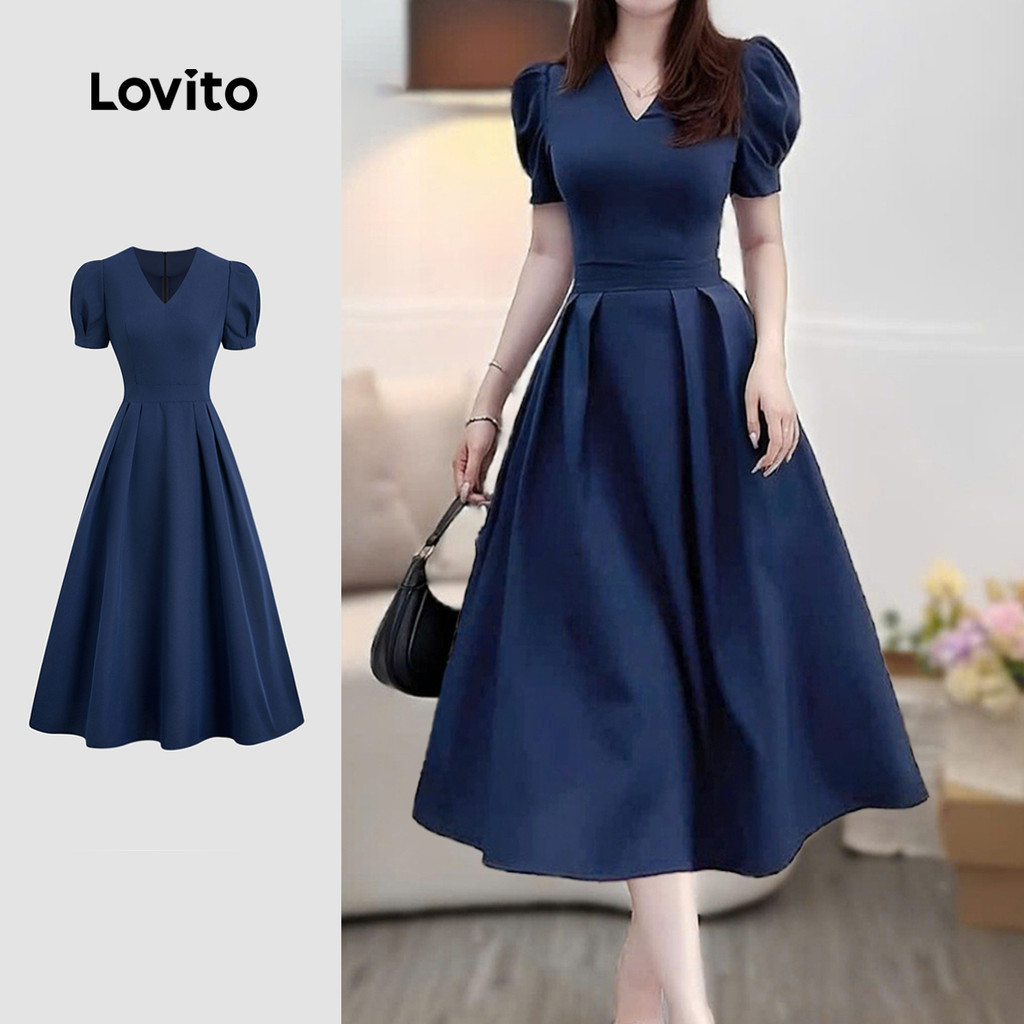 Lovito สง่างาม เดรสดีไซน์เรียบหรูเป็นพิเศษแบบพลีท สำหรับฤดูใบไม้ผลิและร้อน สีน้ำเงินทหาร สำหรับผู้หญิง L155ED1159