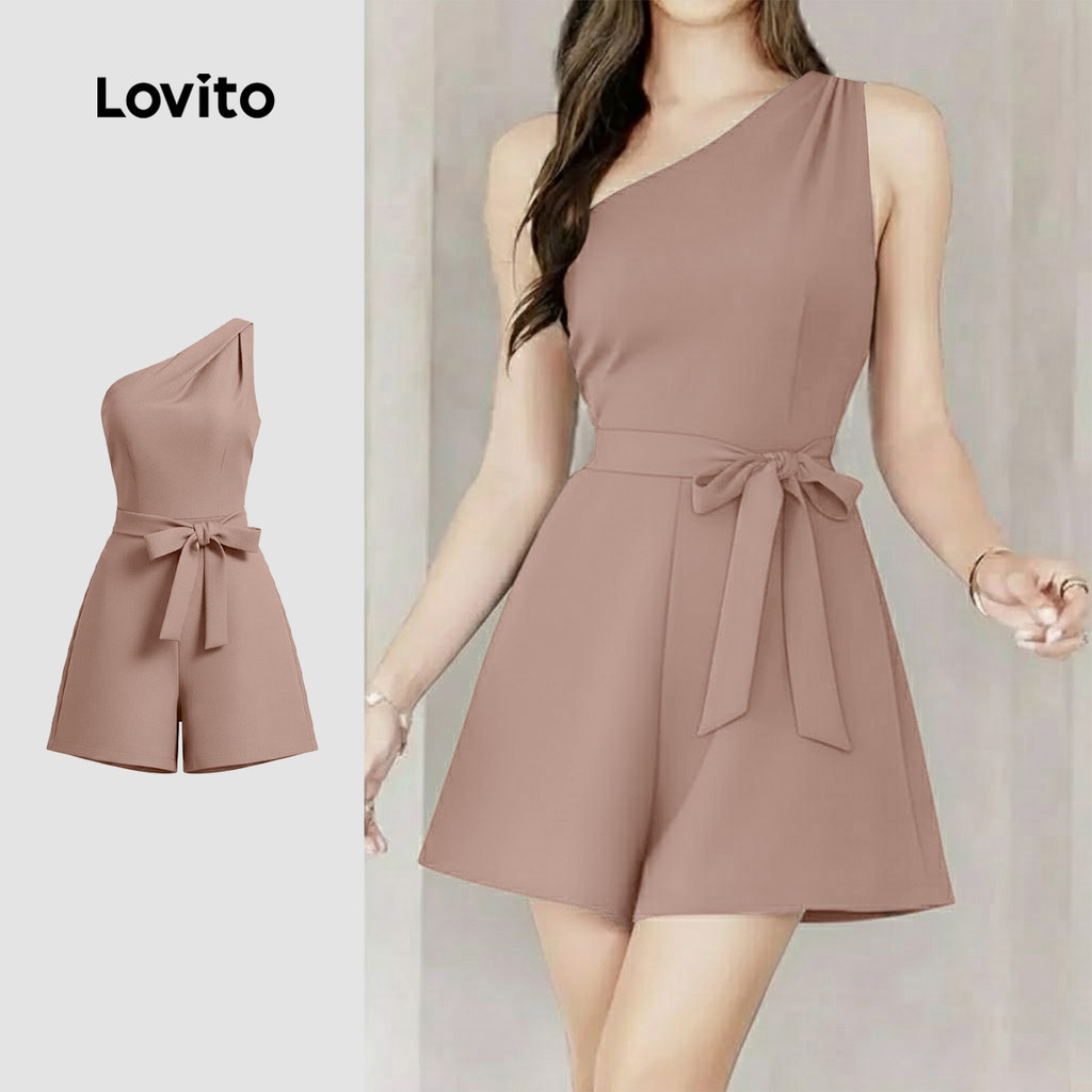 Lovito สง่างาม จั๊มสูทผู้หญิง เอวยางยืดไม่สมมาตร สีคากิ ฤดูใบไม้ผลิ/ฤดูร้อน. L171ED252