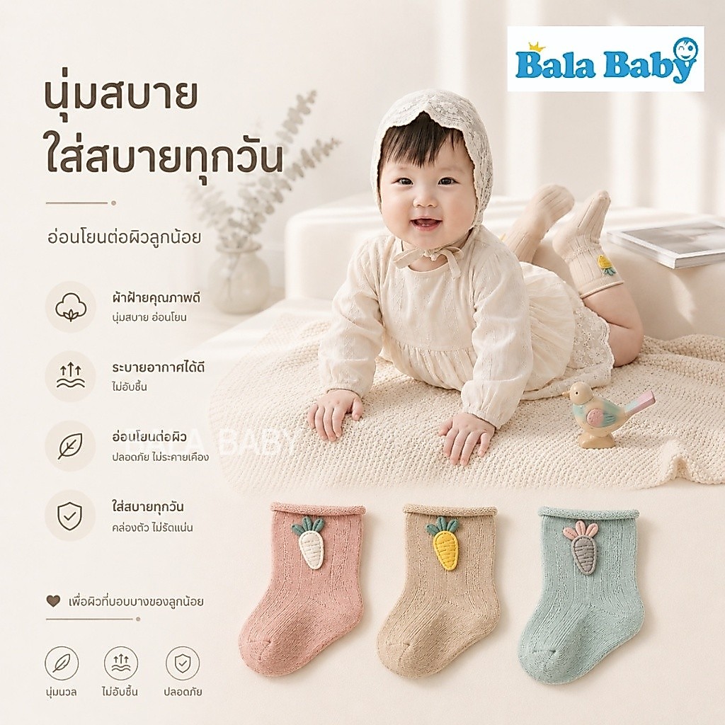 ถุงเท้าเด็ก ถุงเท้ากันยุงสำหรับเด็ก นุ่มใส่สบาย ระบายอากาศดี Size S-M อายุ 6เดือน-3ปี WZ03