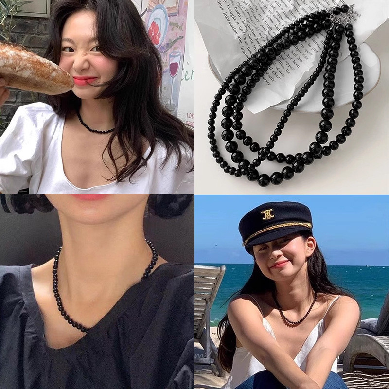 Blogger fever สร้อยคอไข่มุกสีดําสไตล์เดียวกัน Niche All-Match Design Simple Unique Retro Clavicle Ch
