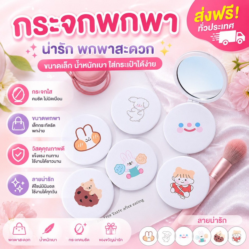 GTR （ร้านไทย) （A46） กระจกพกพาน้ำหนักเบา พกพาง่าย ลายน่ารัก สำหรับผู้หญิง ของขวัญ ของแถม