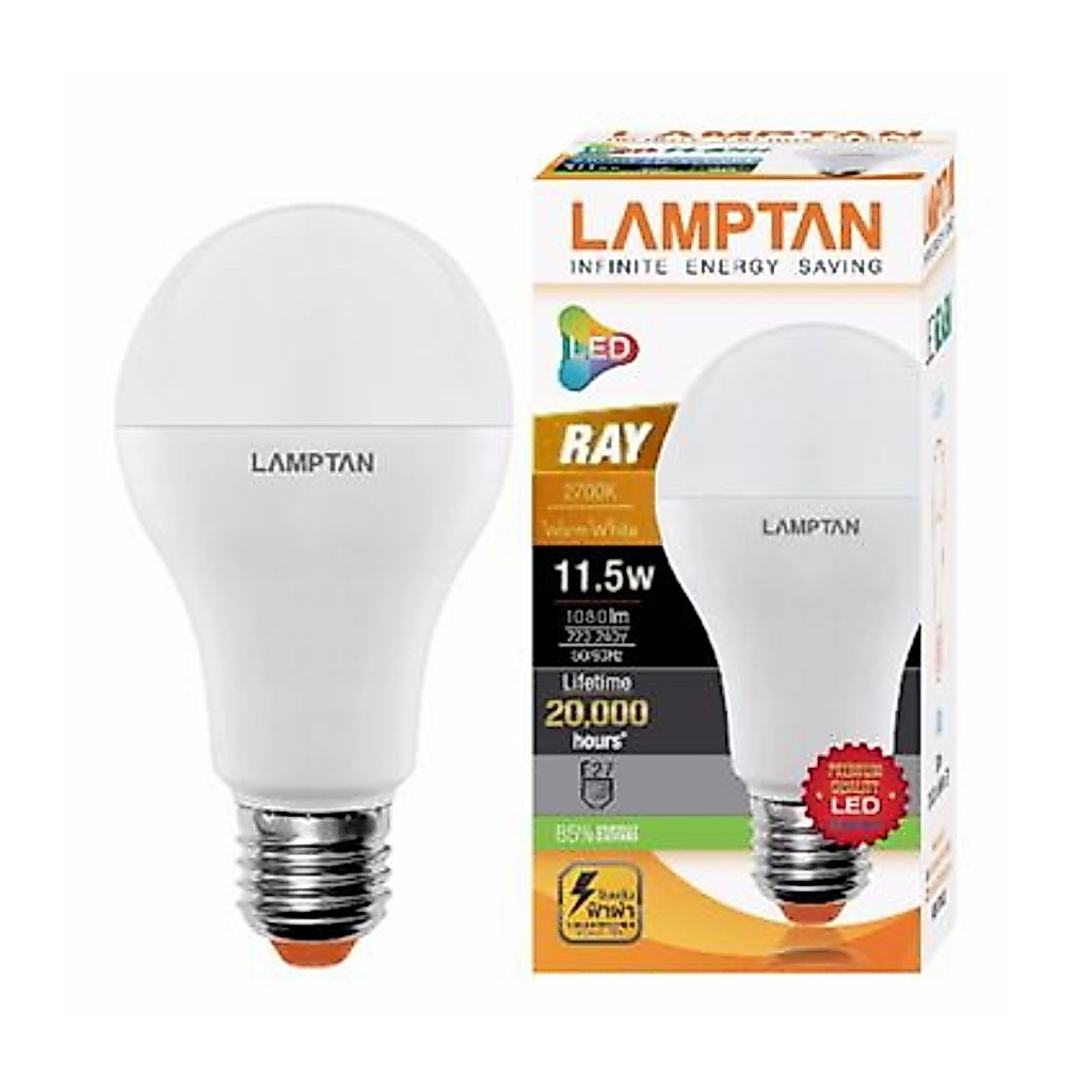 หลอด LED ทรงกลม LAMPTAN A60 RAY วอร์มไวท์ 11.5W E27