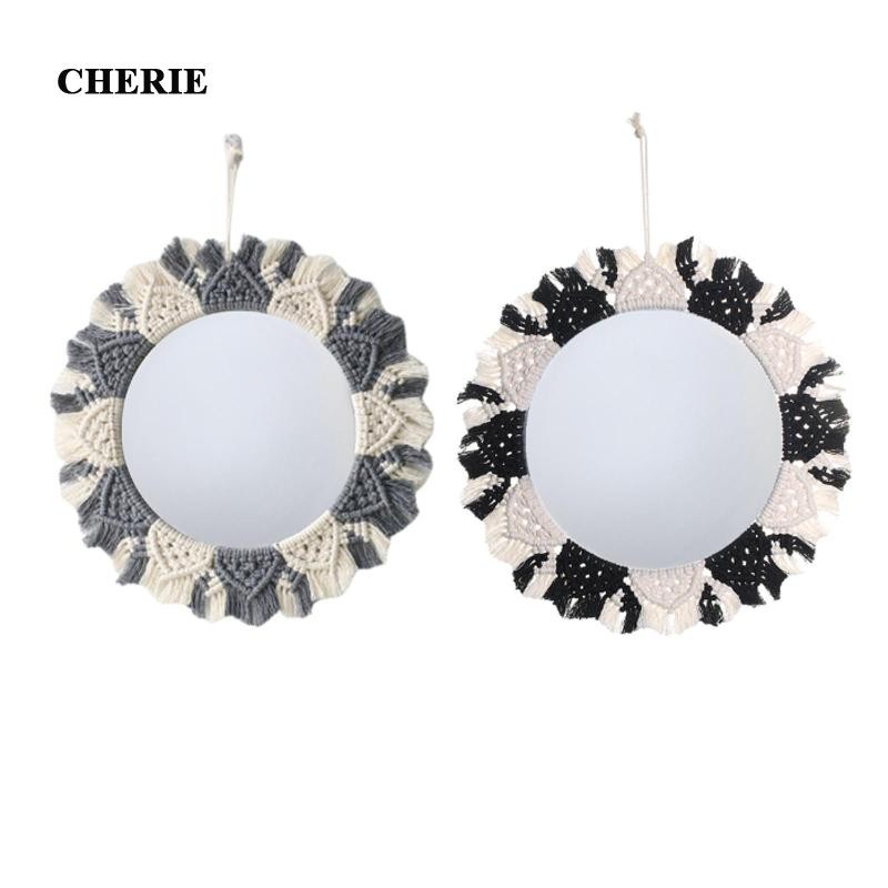 [Chery] Macrame วงกลมแขวนกระจกทําด้วยมือ Boho Fringe รอบกระจกตกแต่งสําหรับ Entryway Apartment Baby N