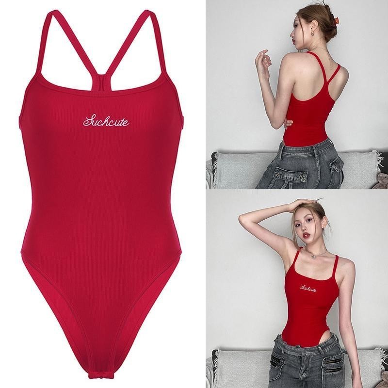 DOMI Women สีแดง ถุงน่องบรรจุ เสื้อ โชว์หลัง ชุดเซ็กซี่ เสื้อคล้องคอClothing ผู้หญิง