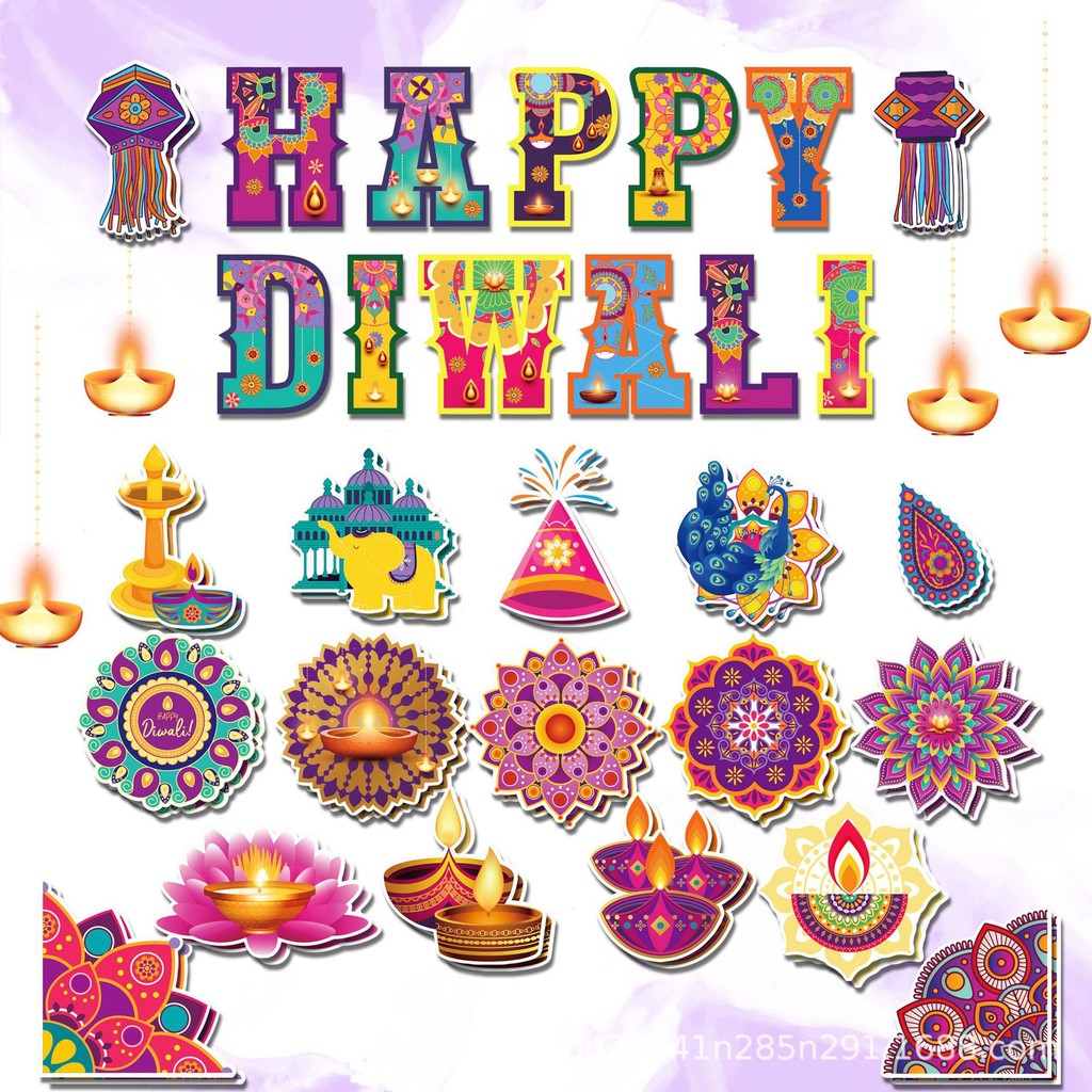 47 ชิ้น Diwali เทศกาลไฟสติ๊กเกอร์ติดผนังการ์ด – Party Photo Booth Props & ตกแต่งแขวน – Happy Diwali 