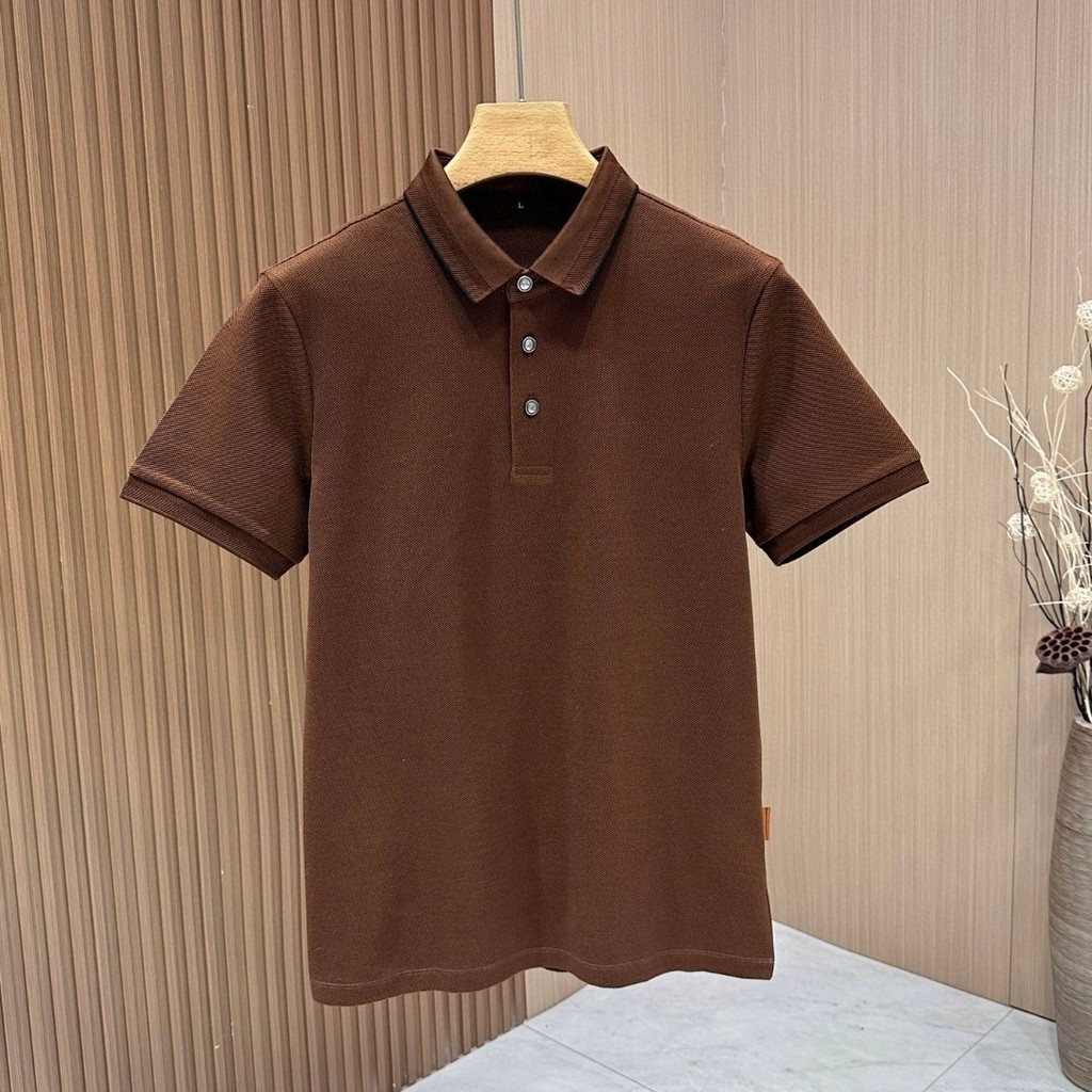 XCWB ZEGNA 2025Summer Men's Short Sleeve T Shirt Dark Color Large Size Buttoned Brown Turn-down Coll