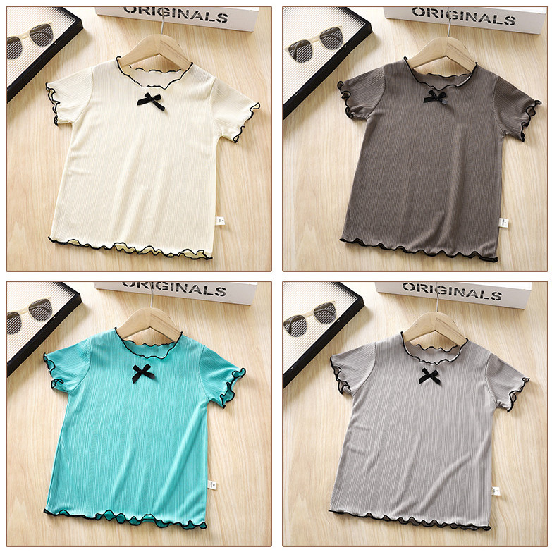 (6m-12Yrs)New Girls Bow Top - เสื้อยืดแขนระบายน้ําหนักเบาพร้อมคอปกลูกไม้ | เสื้อฤดูร้อนระบายอากาศสํา