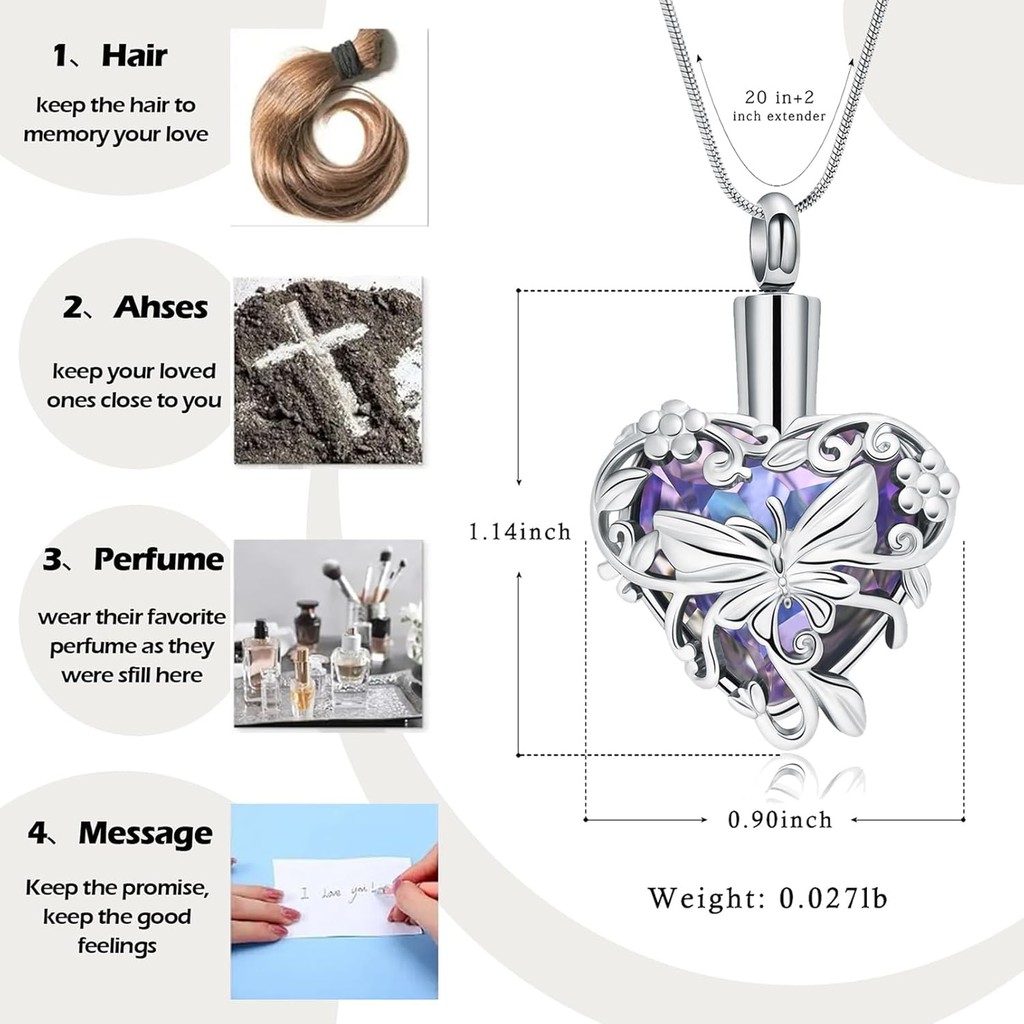 Zeqingjw ผีเสื้อ Urn สร้อยคอสําหรับขี้เถ้า Urn เครื่องประดับสําหรับขี้เถ้าสัตว์เลี้ยงของมนุษย์สําหรั