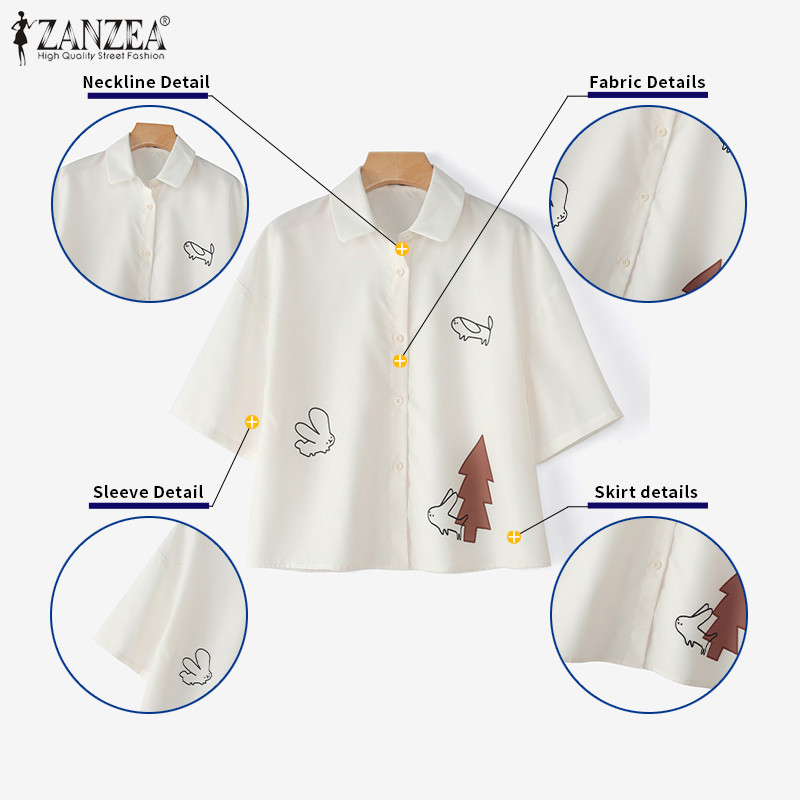 ZANZEA ซานเซีย เสื้อเชิ๊ตแขนสั้นผู้หญิง สไตล์เกาหลี ลายพิมพ์สนุกๆ ใส่ได้ทุกวัน ราคา ถูกที่สุด ดีลบีเคเค แกลเลอรีภาพที่ 7