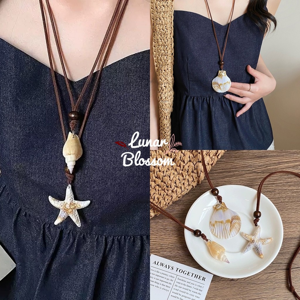 Lunar Blossom 💕💕 สร้อยคอ. สร้อยคอหนังเทียมยาว จี้เปลือกหอยและปลาดาว สไตล์โบฮีเมียน ราคาถูก ส่งไวจากไทย