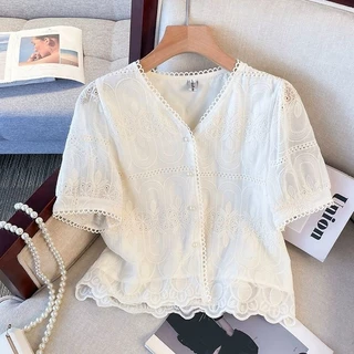 ส่งไวจากไทย⭐Summer⭐S-3XL เสื้อเชิ้ตผ้าลูกไม้แขนสั้นลายปักสไตล์สตรีสำหรับฤดูร้อน