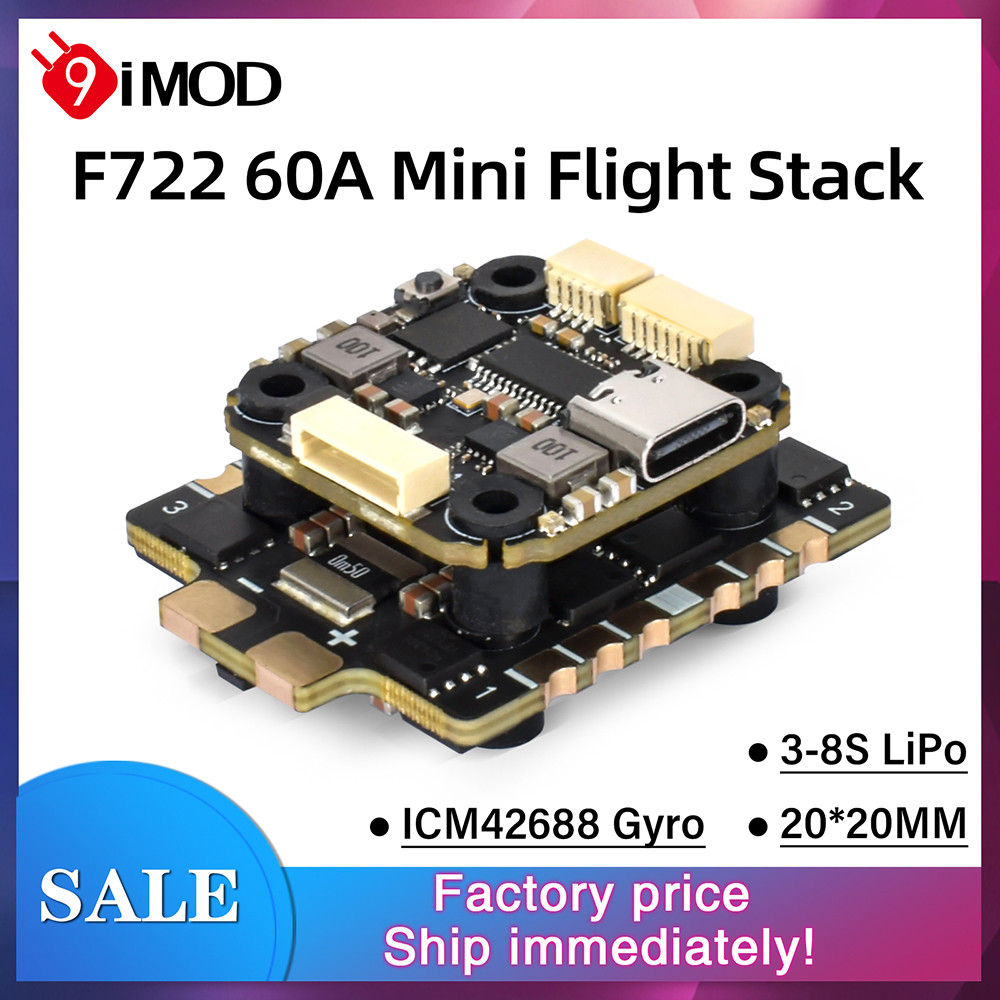 9IMOD F722 Mini Flight Stack F722 FC 60A ESC 3-8S 20x20 มม.พร้อม Gyro สําหรับ RC FPV Racing Drone