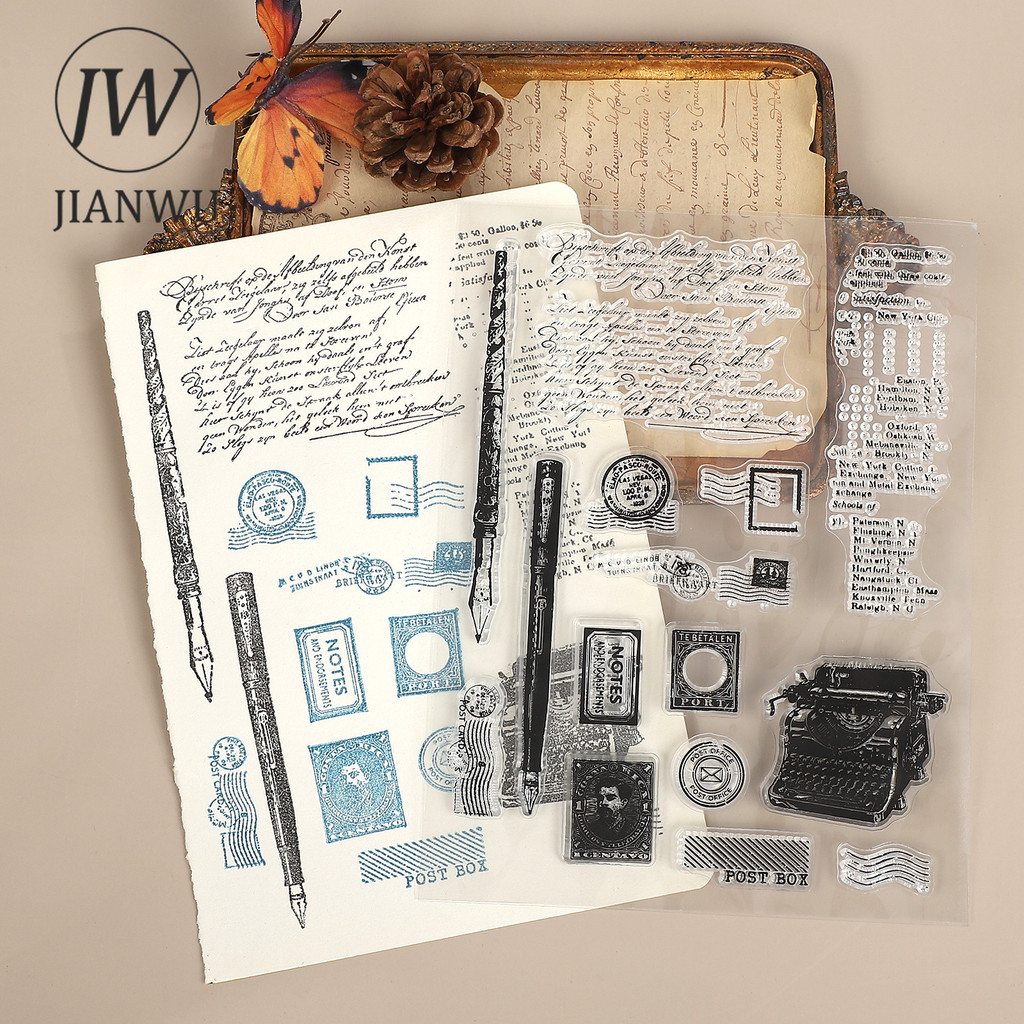 JIANWU Vintage ข้อความภาษาอังกฤษปากกาแสตมป์ภูมิทัศน์วัสดุ Collage โปร่งใสซิลิโคนแสตมป์ Creative DIY Journal เครื่องเขียน