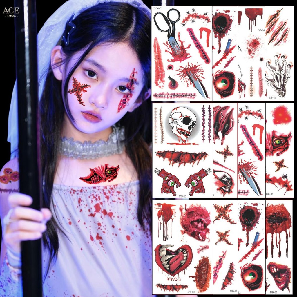 พร้อมส่ง แผลแต่งหน้า สติ๊กเกอร์แผล กันน้ำ แผลปลอม แผล ของเล่น เลือดปลอม ฮาโลวีน tattoo Halloween สติ๊กสัก แทคทู