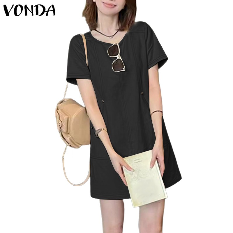 ชุดเดรสแขนสั้นทรงคล่องตัวสไตล์เกาหลีสำหรับผู้หญิง