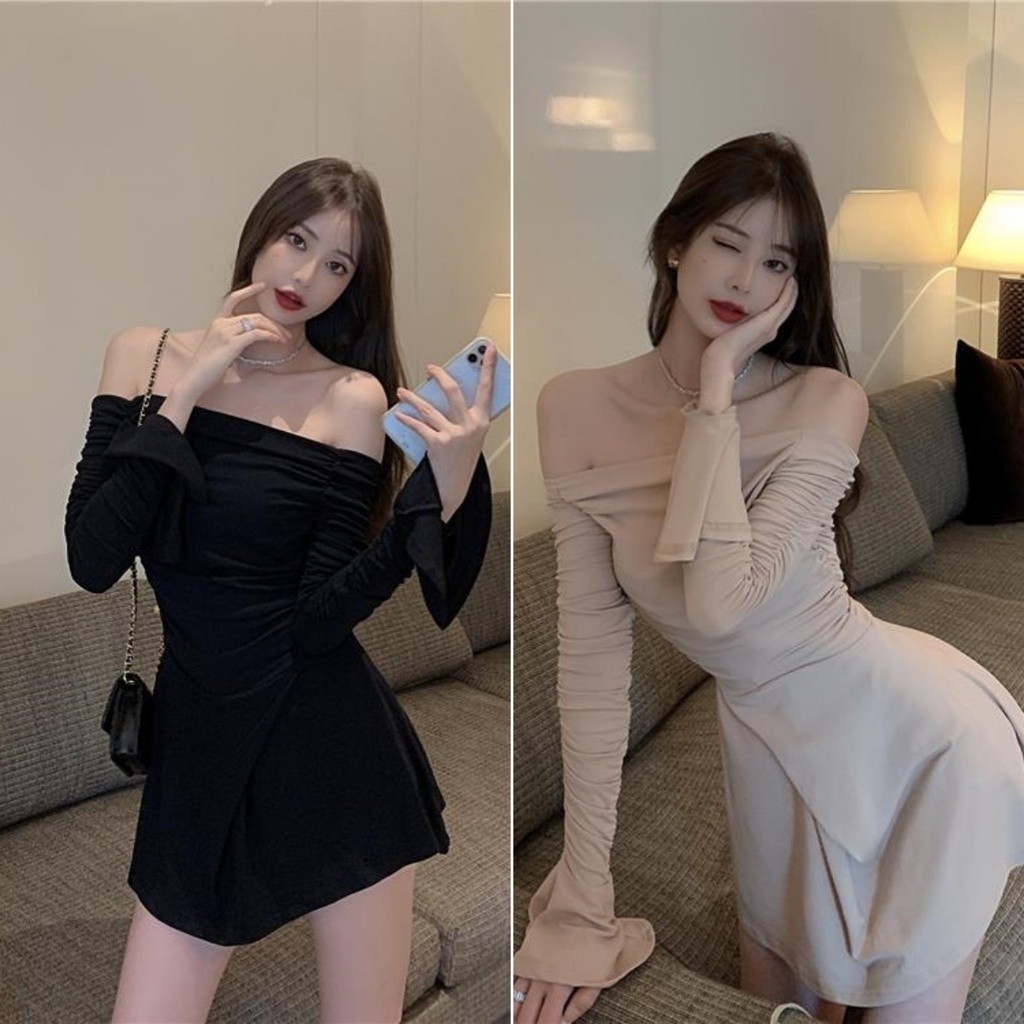 Hotgirl พร้อมส่ง มินิเดรสผู้หญิง ชุดเดรสเซ็กซี่ แขนยาวบาน ดีไซน์เก๋ไก้และเซ็กซี่ เปิดไหล่ รัดรูป