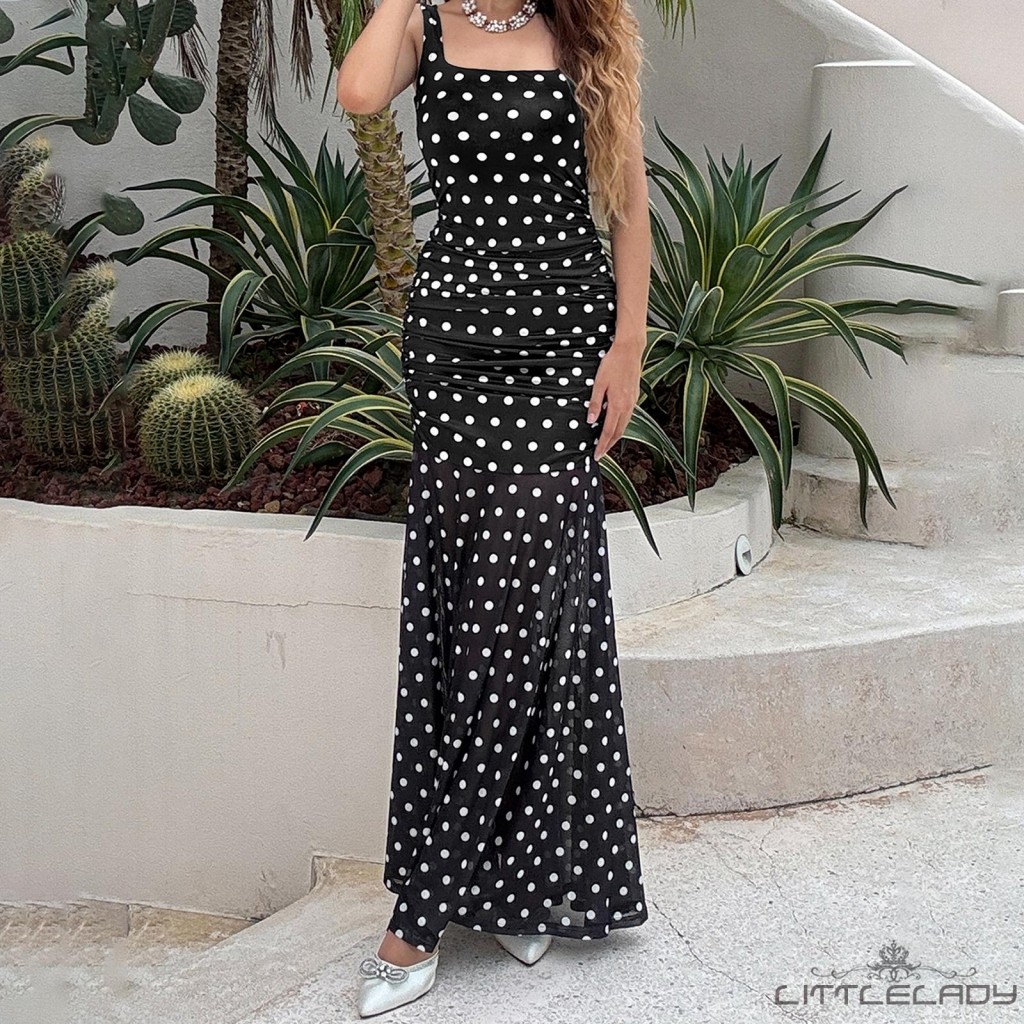 LTL-เดรสเดรสคอเหลี่ยมแขนกุดแฟชั่นสําหรับผู้หญิง Dot Long Summer