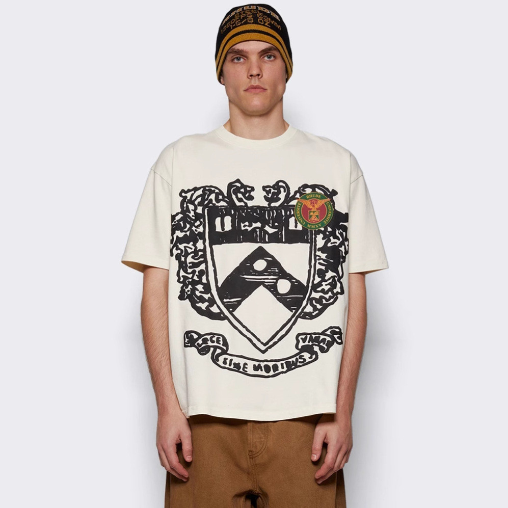 0QWL RHUDE Vintage Eagle Badge Slogan Foam Short Sleeve Summer Loose Casual Street Fashion T T-shirt