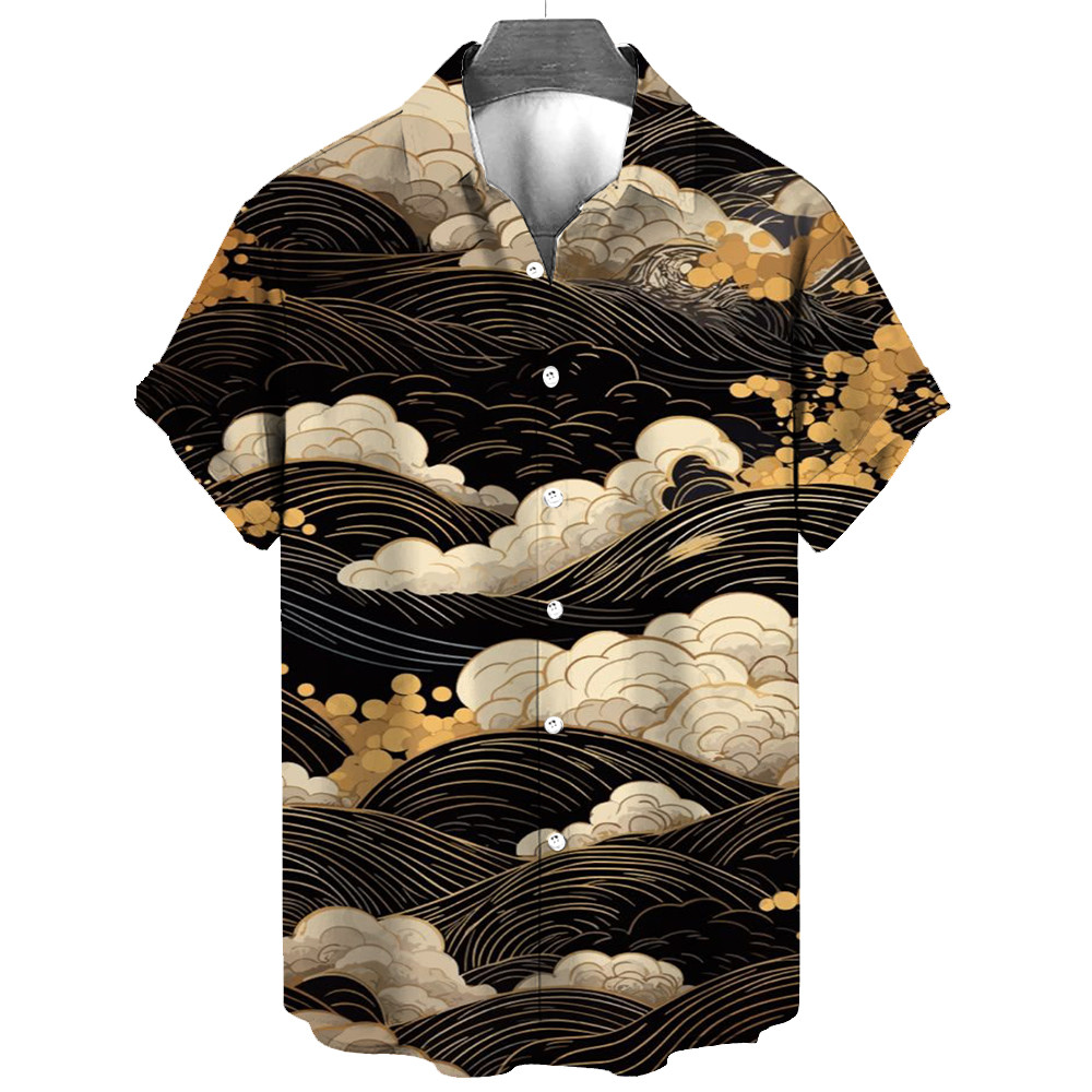 เสื้อแขนสั้นผู้ชายสไตล์ญี่ปุ่น พิมพ์ลายภาพคลื่น Ukiyoe สำหรับใส่วัน.daily