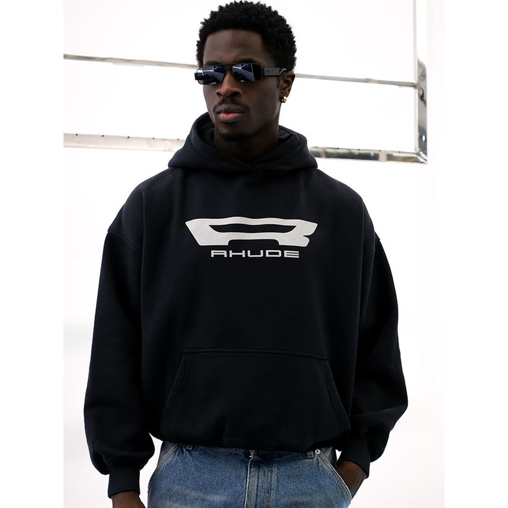 Rhude Classic Big R Vintage Washed Letter Print Short Wide boxy Hooded Sweatshirt Hoodie Unisex Tren