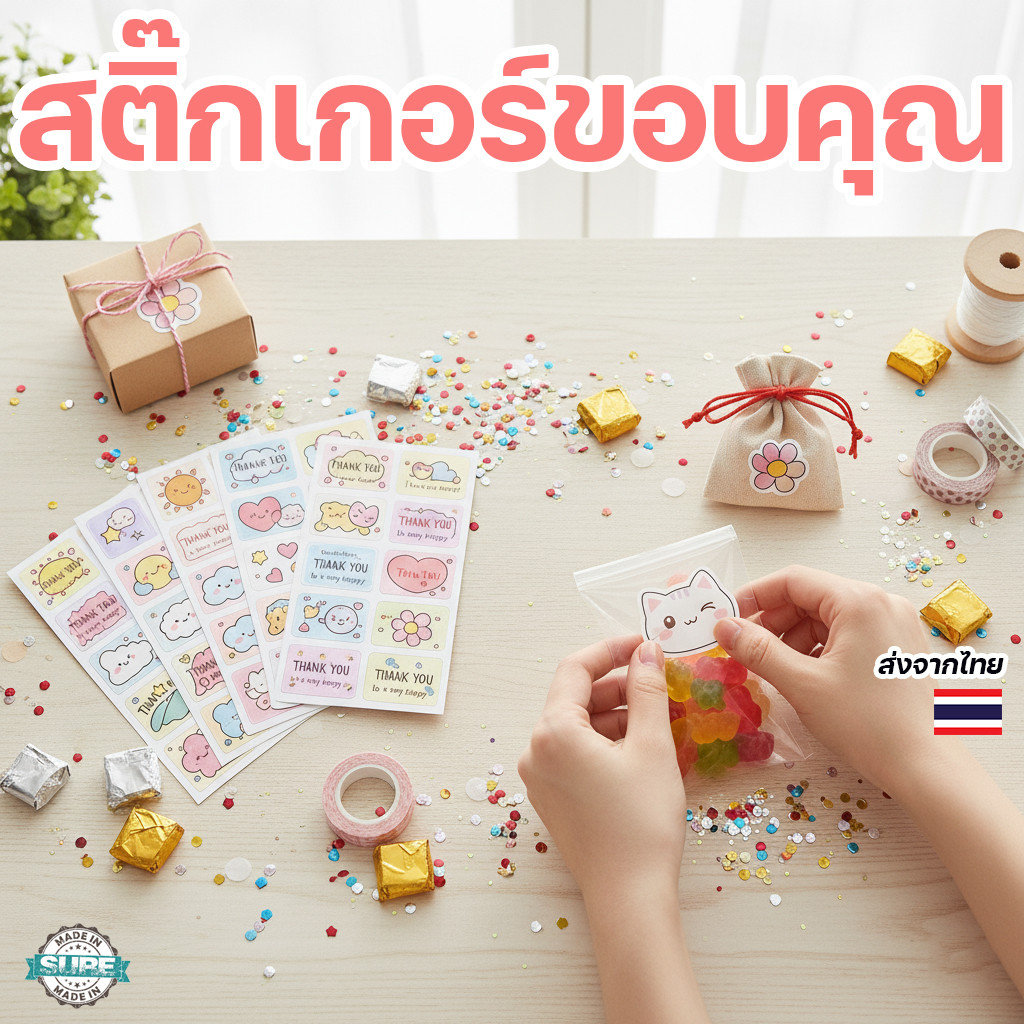 สติ๊กเกอร์ขอบคุณ 3×6ซม. 100 ดวง ลายน่ารัก ติดถุง ติดแก้ว สติ๊กเกอร์ Thank You สำหรับแพ็กของ