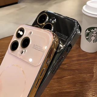 ใหม่หรูหราสีชมพูเคลือบเคสโทรศัพท์แม่เหล็กแข็งพร้อมฟิล์มป้องกันเลนส์สําหรับ ไอโฟน 14/15/16/17 มือโปร สูงสุด