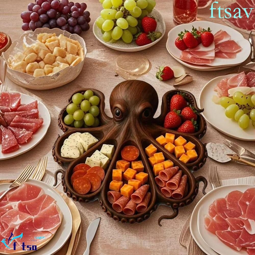 SWIFTSAVER Octopus ถาดเสิร์ฟ, ถาดที่ไม่ซ้ํากันตกแต่ง Octopus Food Platter, เสิร์ฟจานไม้พาร์ทิชัน Nov