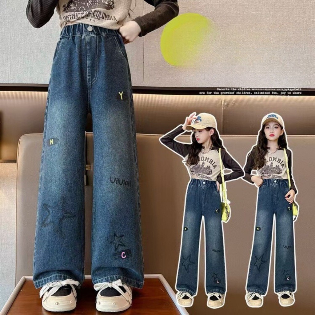 กางเกงยีนส์ขากว้างสำหรับเด็กผู้หญิง ผลิตจากผ้ายีนส์คุณภาพดี ใส่สบายและระบายอากาศได้ดี เหมาะสำหรับการใส่ในชีวิตประจำวันของเด็กผู้หญิง - รูปที่ 4