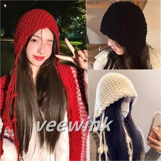 Veewink หมวกถักมือสไตล์เกาหลี เสื้อสคริสต์มาส มีพู่ กันหนาว ครอบหู ผูกโบว์ น่ารัก ใส่แล้วหน้าเล็ก