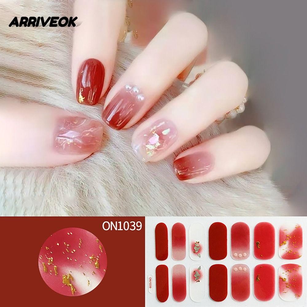 ARRIVEOK แผ่นแปะเล็บ, Semi Cured 14Strips สติ๊กเกอร์ติดเล็บเจล, การกําจัดง่ายคลุมทั้งหมด Florimistic