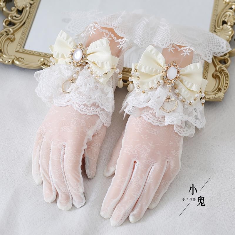 ถุงมือโลลิต้า หลายสี ลายลูกไม้ โบว์ ลูกปัด โซ่แยกนิ้ว สไตล์ย้อนยุค