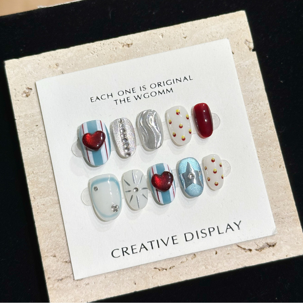 American Sweetheart Pinch Retro Burgundy Love Heart Pure Handmade สวมใส่เล็บ Handmade High-End Polka