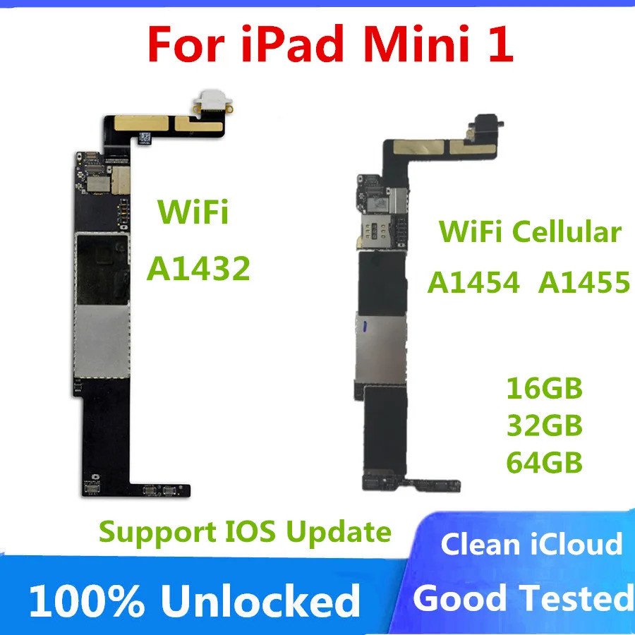 A1432 WiFi A1454 A1455 WiFi Cellular สําหรับ iPad Mini 1 เมนบอร์ดปลดล็อก Logic board ฟรี iCloud สนับ