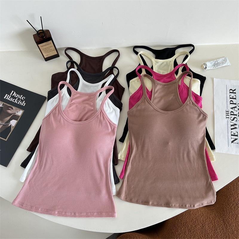 เสื้อครอปท็อปสายเดี่ยวเสริมบราในตัว ผ้ายืด ใส่สบายสําหรับสาวน่ารัก ทุกโอกาศสดใส บางเบา สุดฮิต