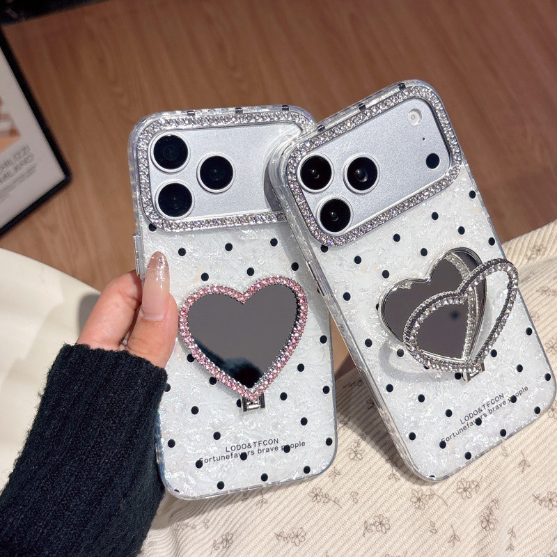 IMD Shell Polka Dot เคสโทรศัพท์กระจกหัวใจสําหรับ iPhone 17 16 15 14 13 12 11 Pro Max