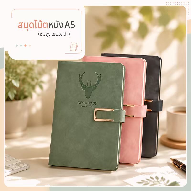 สมุดโน้ต A5 ปกหนัง PU พรีเมียม ลายกวาง กระดาษถนอมสายตา 80 แกรม เขียนไม่ซึม มีตัวล็อกโลหะ ช่องเสียบปากกา