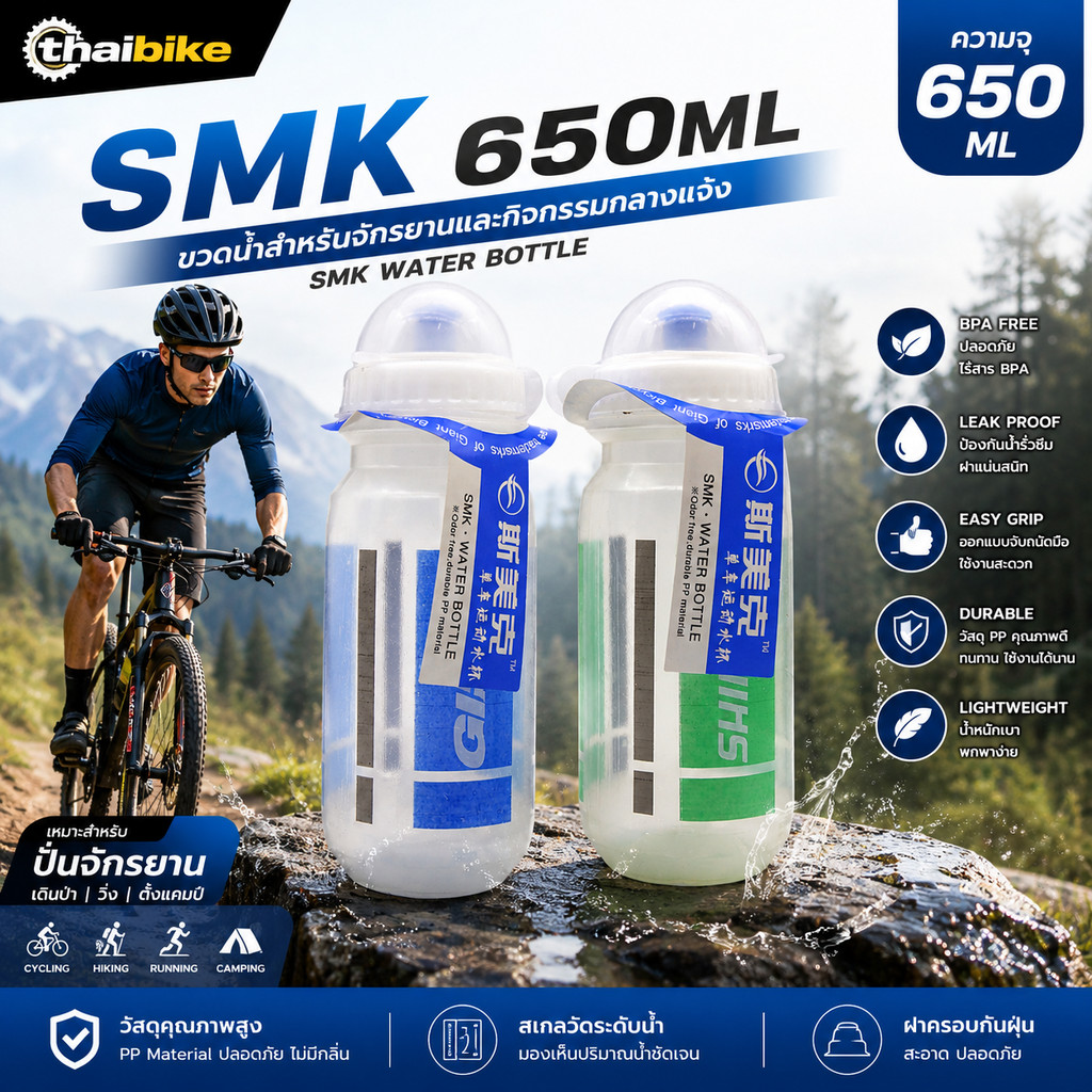 ขวดน้ำสำหรับจักรยานแบบใส SMK 650ml ขวดน้ำจักรยาน เดินป่า