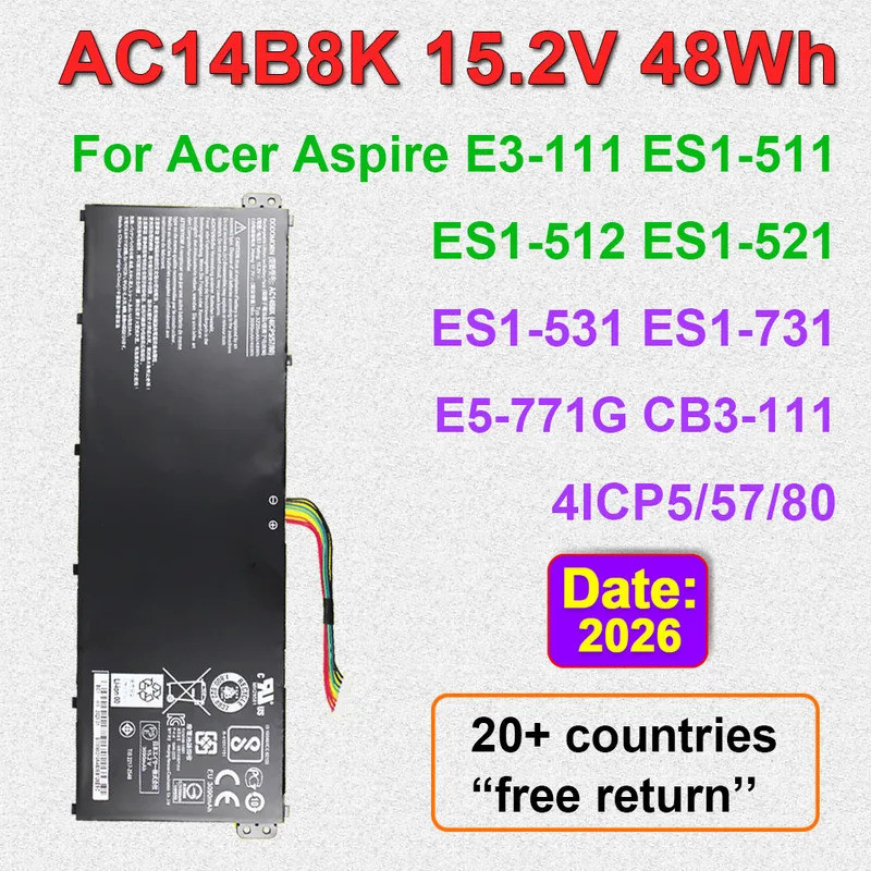 AC14B8K 15.2V 48Wh สําหรับ Acer Aspire E3-111 ES1-511 ES1-512 ES1-521 ES1-531 ES1-711 CB3-111 CB5-31