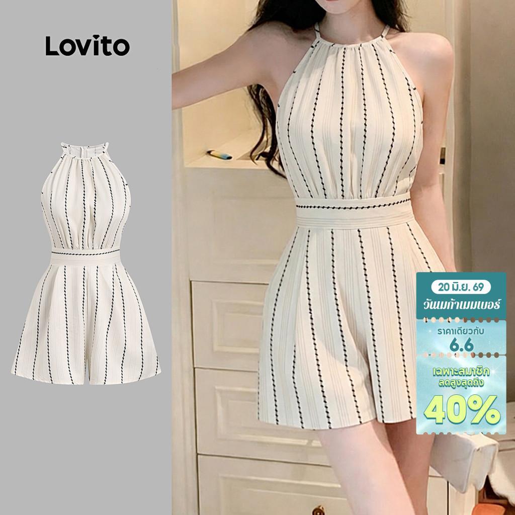 Lovito จั๊มสูทลําลองผู้หญิงพร้อมหัวเข็มขัดโลหะ ลายพิมพ์ เหมาะสําหรับฤดูใบไม้ผลิ/ฤดูร้อน LK5ED185