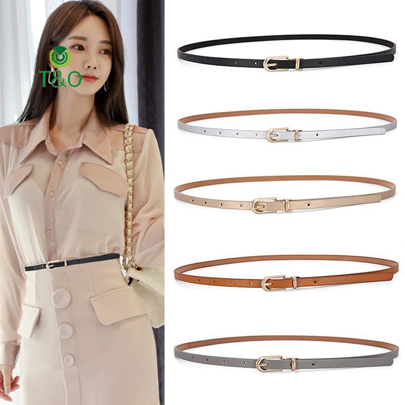 T & O 1PC แฟชั่นสีขาวสีเทาผู้หญิงเข็มขัดบางเข็มขัด Pin Bule เข็มขัดปรับฤดูร้อนชุดกางเกงยีนส์เข็มขัด Pu