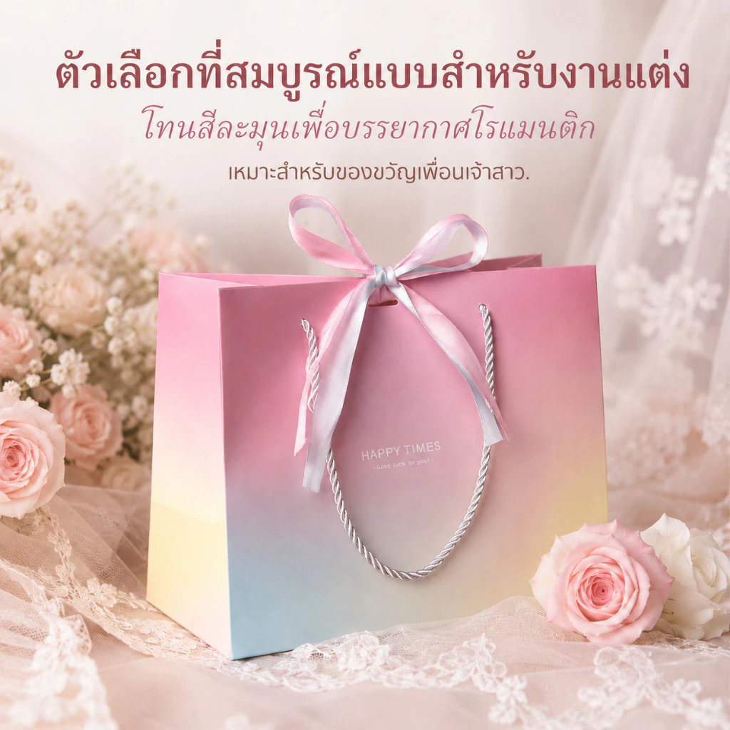 HAPPY TIMES ถุงของขวัญลายไล่สีพาสเทล 4ไซส์ ริบบิ้นทูโทนชมพูฟ้า สำหรับงานแต่ง วันเกิด ของชำร่วย มาการอง Macaron