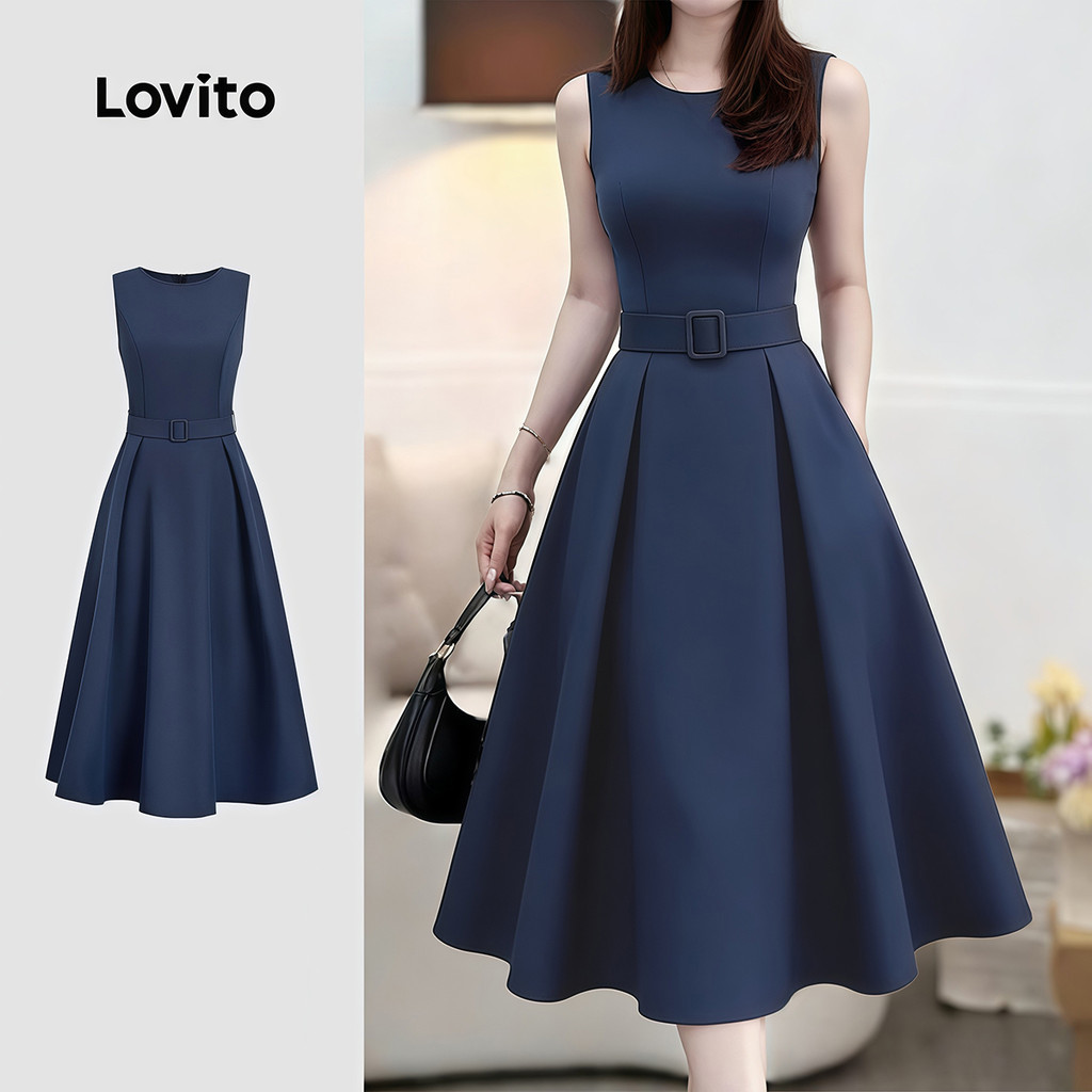 Lovito เดรสสวยหรู มีเข็มขัด ดีไซน์เข้ารูป สำหรับผู้หญิง ฤดูใบไม้ผลิ/ฤดูร้อน สีน้ำเงินเข้ม L177AD159