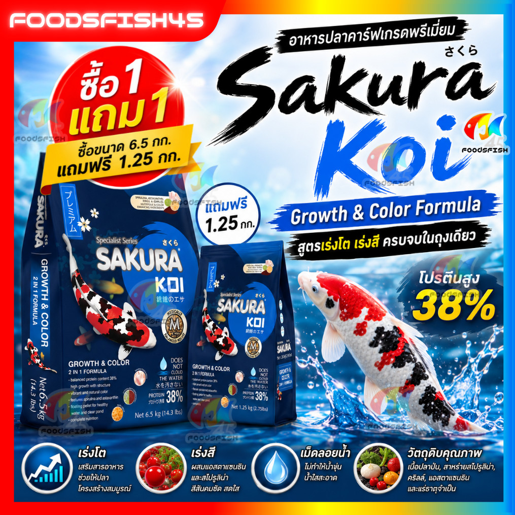💥ส่งฟรี 📌เก็บโค้ดหน้าแคมเปญ❗ อาหารปลาคาร์ฟ Sakura Koi ขนาด 6.5 กก. มี 4 สูตร (🟠เร่งโต🌾วีทเจิม🟢สมดุล🔵เร่งโต+เร่งสี)
